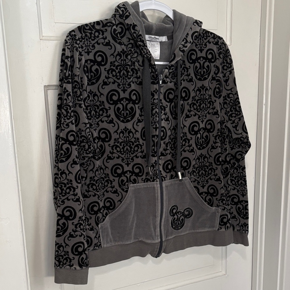 Disney Gray and Black Velour Damask Zip Hoodie 1X